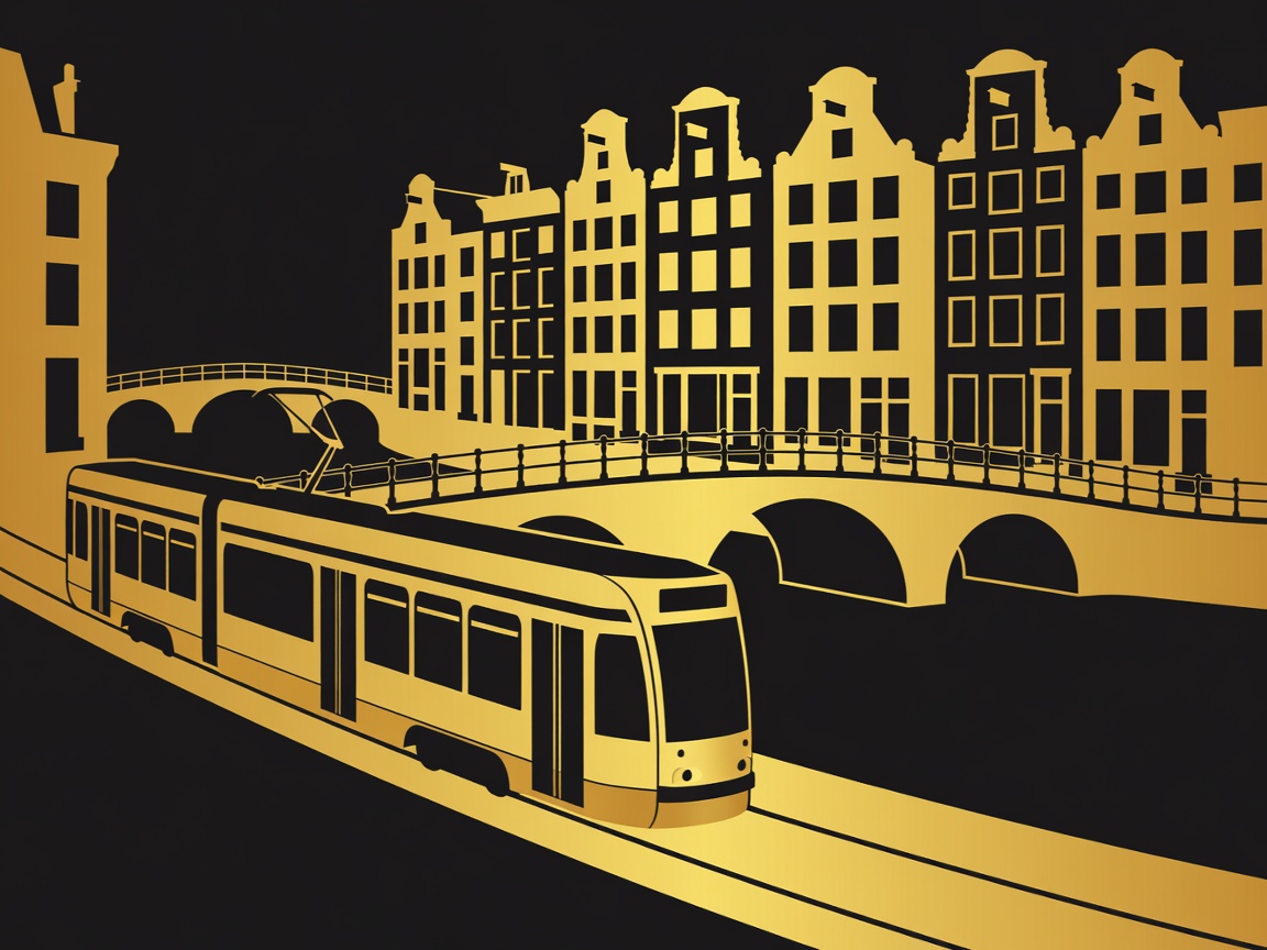 Gold and obsidian flat vector illustration of Amsterdam trams and canals