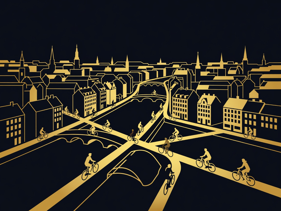 Gold and obsidian flat vector illustration of Copenhagen cycling infrastructure