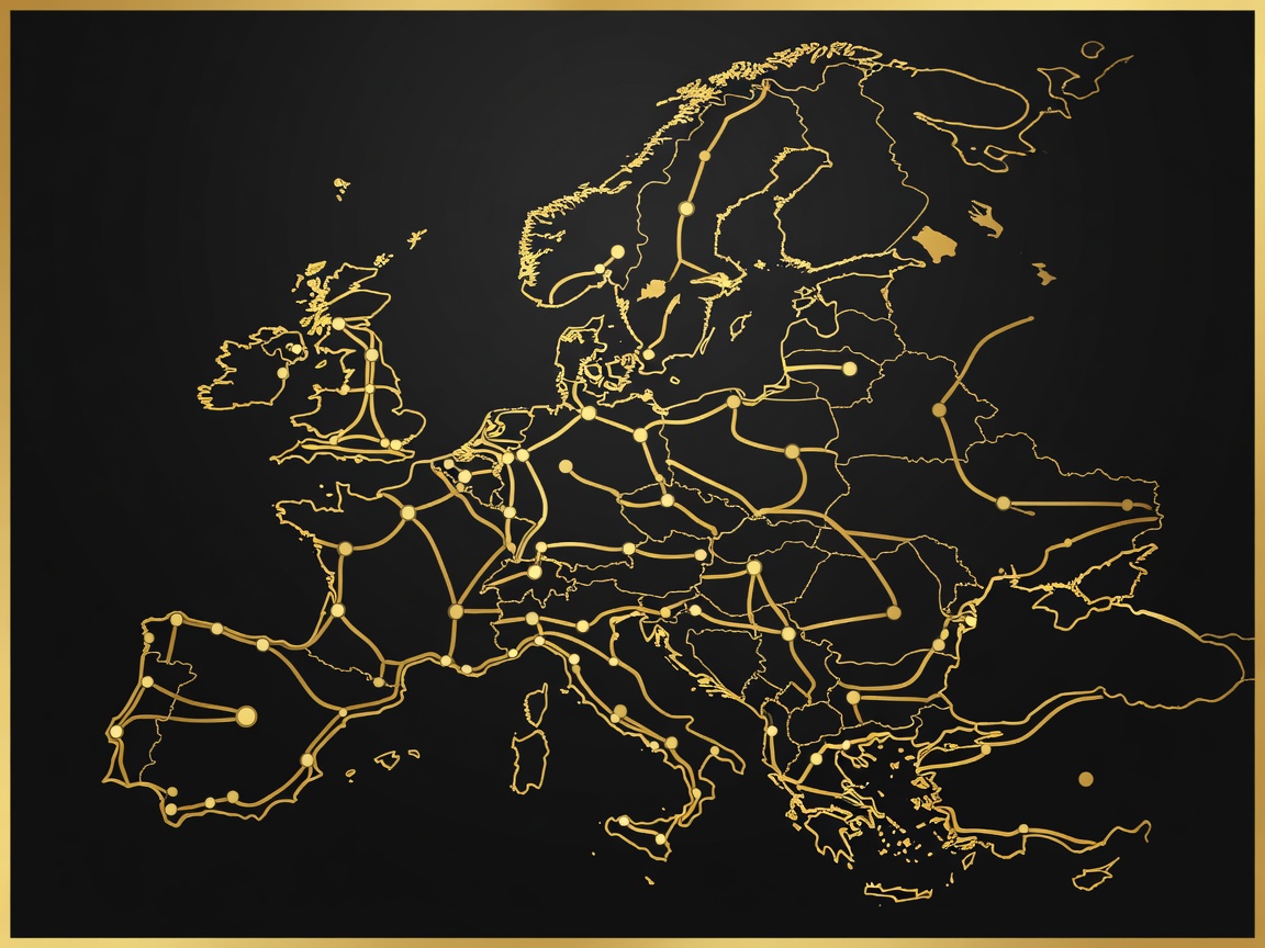 Gold and obsidian flat vector illustration of a Eurail pass map