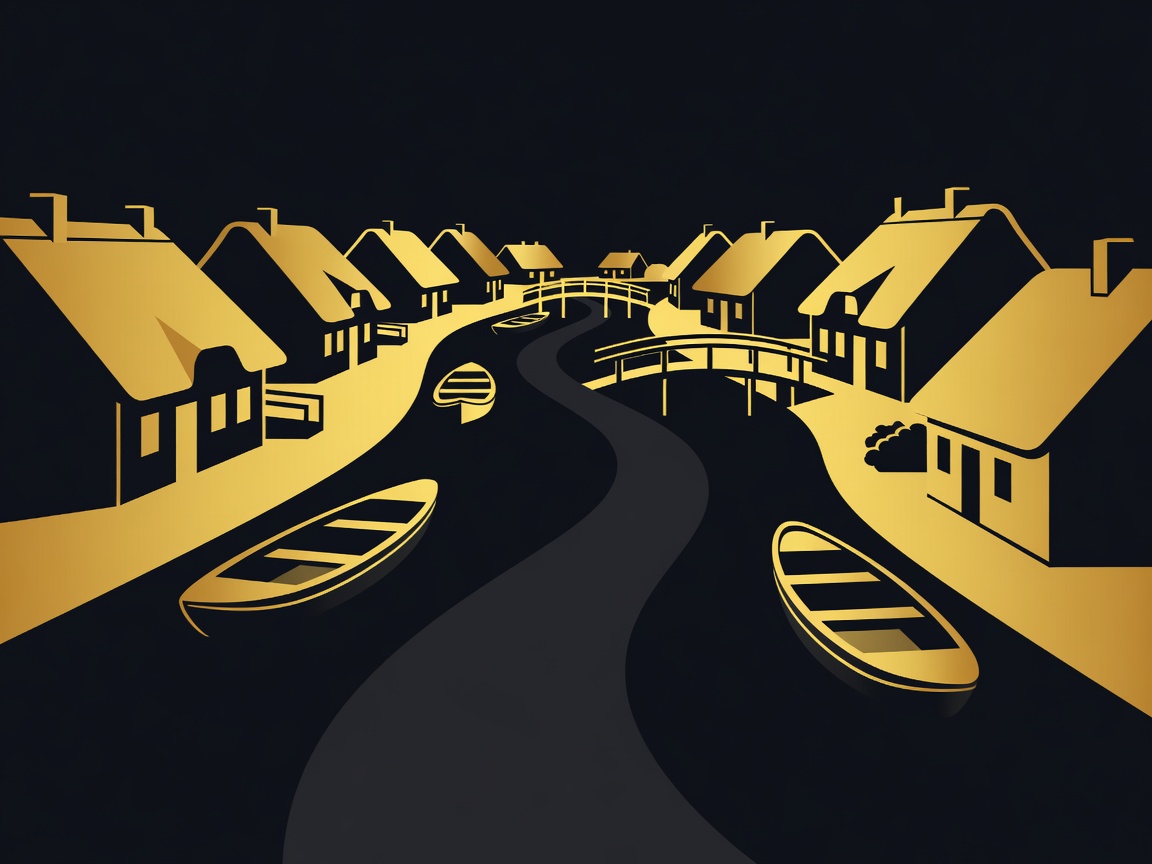 Gold and obsidian flat vector illustration of Giethoorn canals and punts