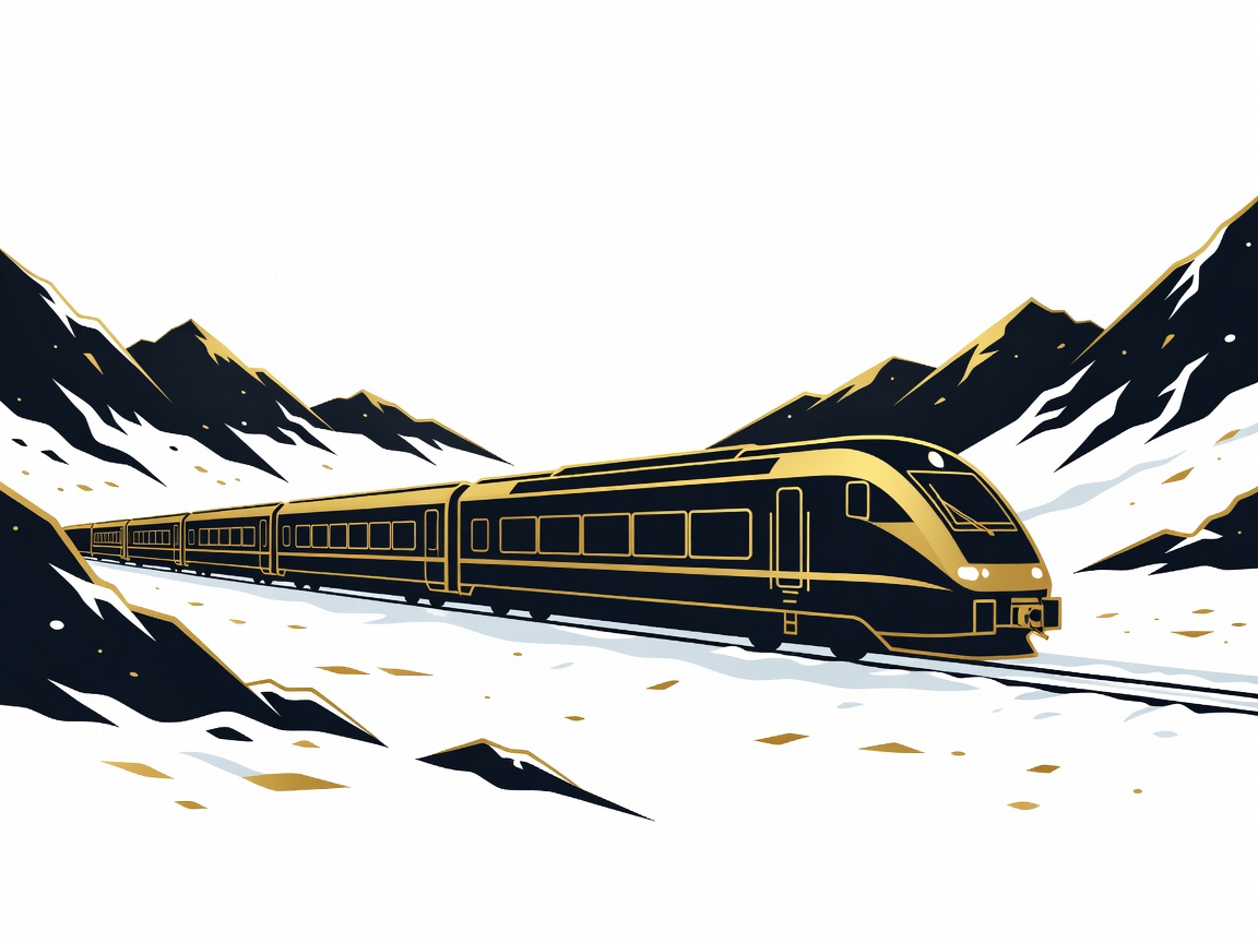 Gold and obsidian flat vector illustration of the Glacier Express in snow