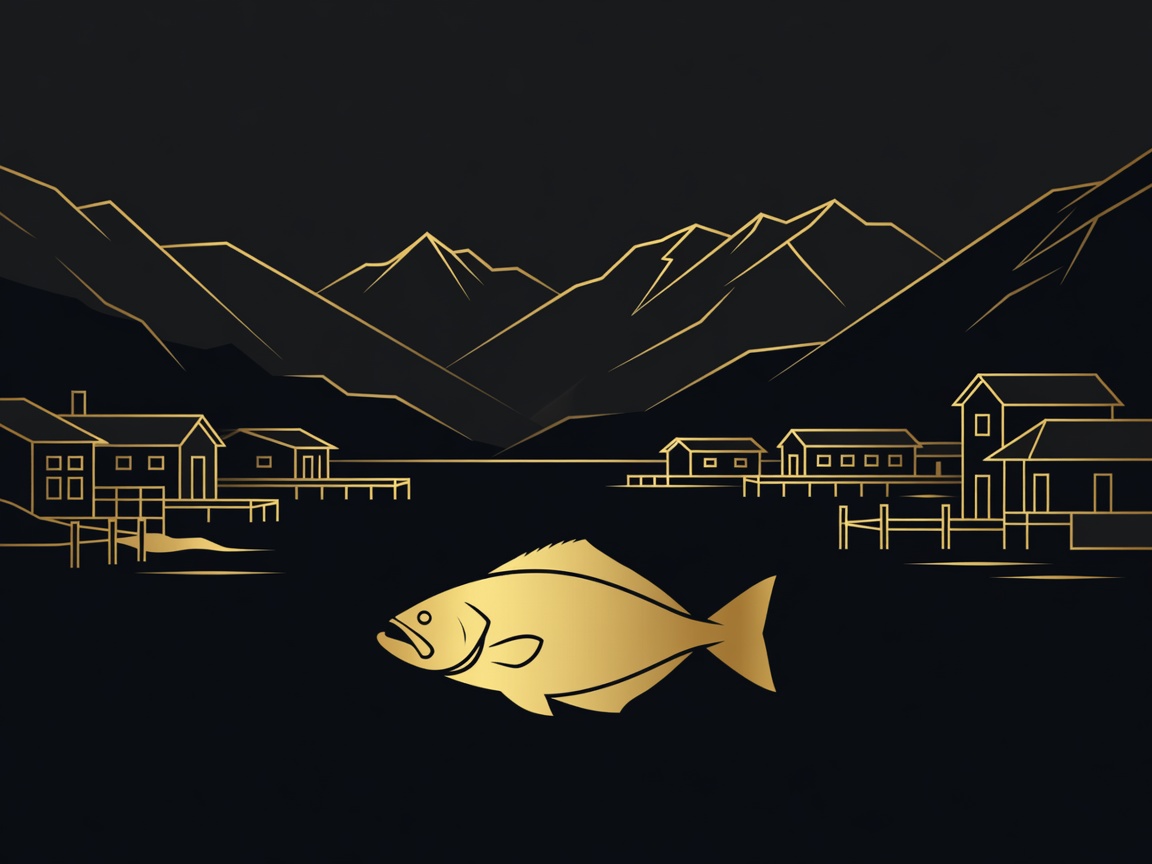 Gold and obsidian flat vector illustration of Halibut Cove waterfront