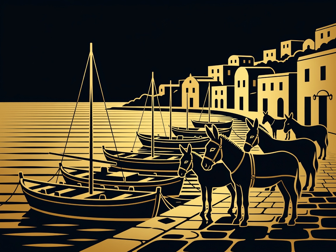 Gold and obsidian flat vector illustration of Hydra port with donkeys