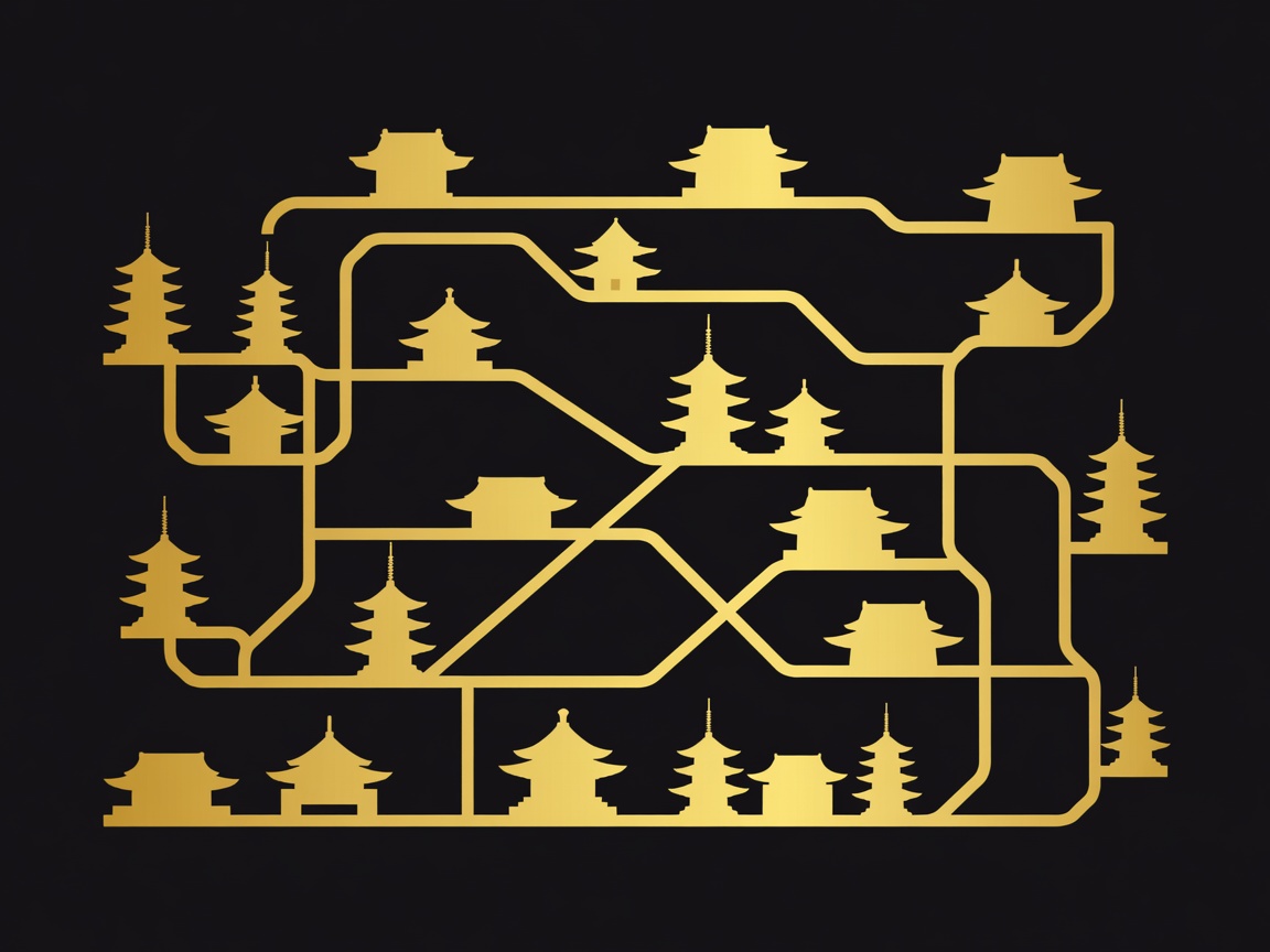 Gold and obsidian flat vector illustration of Kyoto transit lines and temples