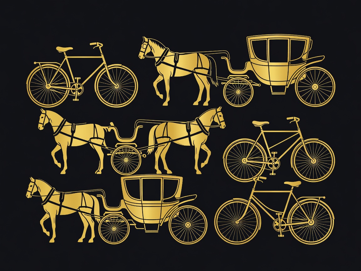 Gold and obsidian flat vector illustration of Mackinac Island bicycles and carriages
