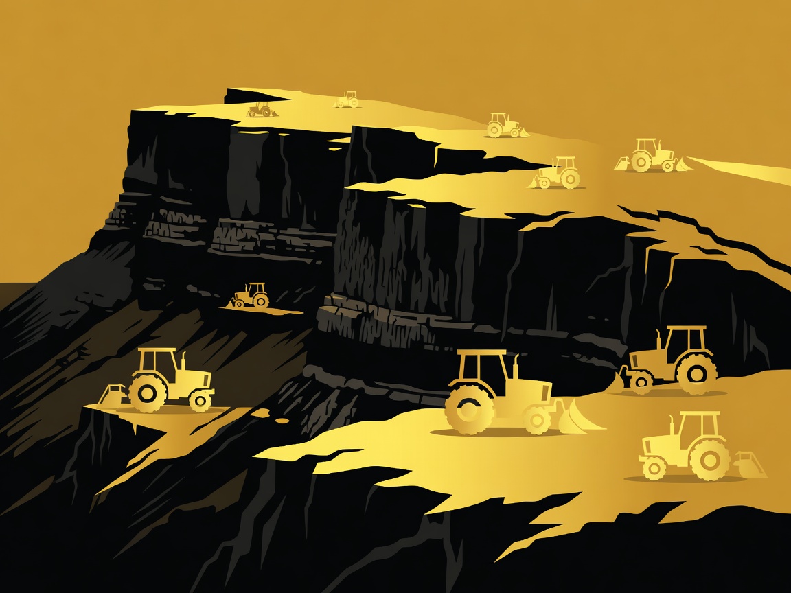 Gold and obsidian flat vector illustration of Sark island cliffs and tractors