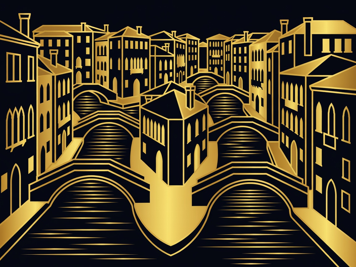 Gold and obsidian flat vector illustration of Venice canals and bridges