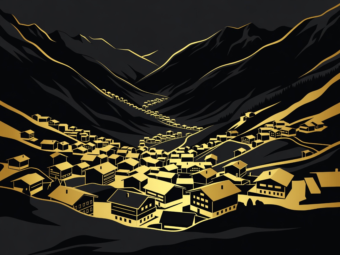 Gold and obsidian flat vector illustration of Wengen village looking down a valley
