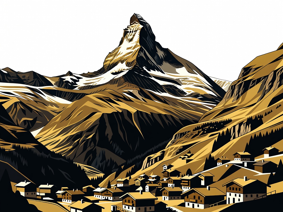 Gold and obsidian flat vector illustration of Zermatt with the Matterhorn